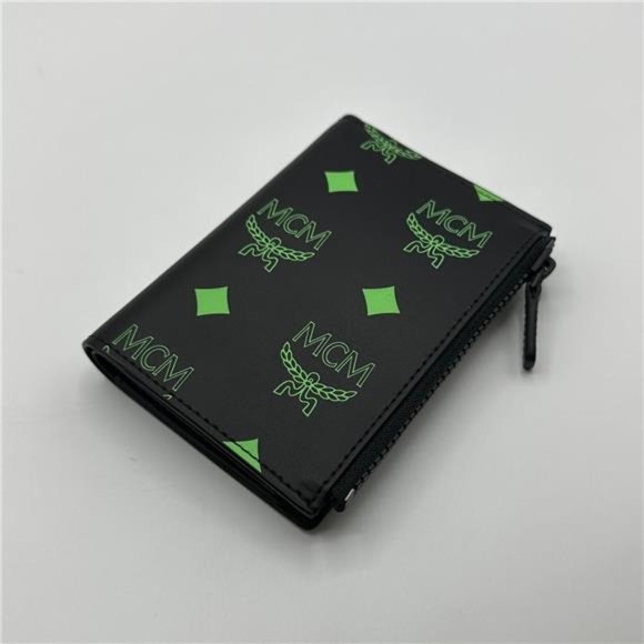 MCM Leather Wallet Green Splash Logo Leather 100% Authenticity Unisex - Picture 5 of 10